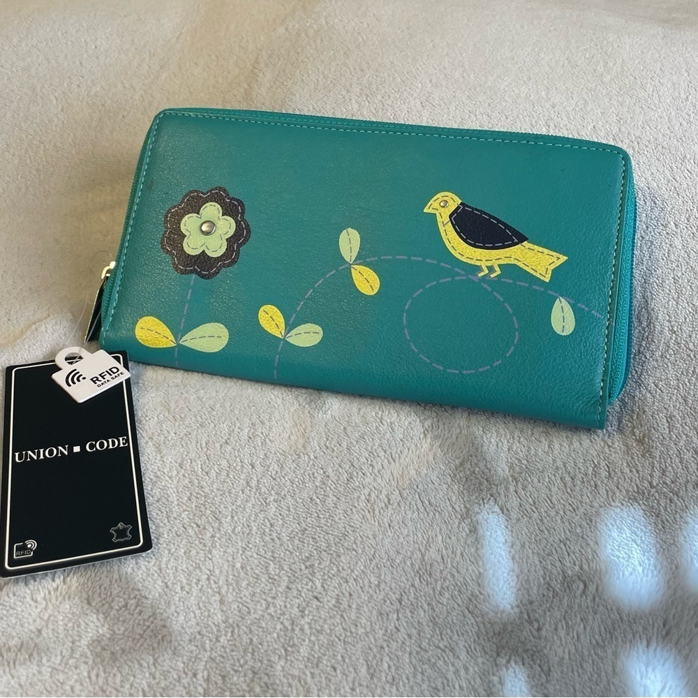 Leather Union Code RFID Protected Turquoise Zip Around Wallet